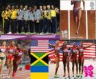 Лёгкая атлетика женщин 4 x 100 м подиум, Соединенных Штатов, Ямайки и Украина, Лондон 2012
